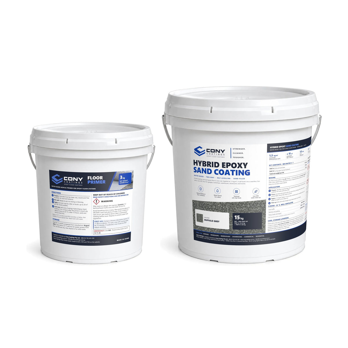 Cony Complete Floor System: Floor Primer 3 kg tub and Hybrid Epoxy Sand Coating 15 kg pail in Buffalo Grey