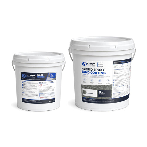 Cony Complete Floor System: Floor Primer 3 kg tub and Hybrid Epoxy Sand Coating 15 kg pail in Buffalo Grey