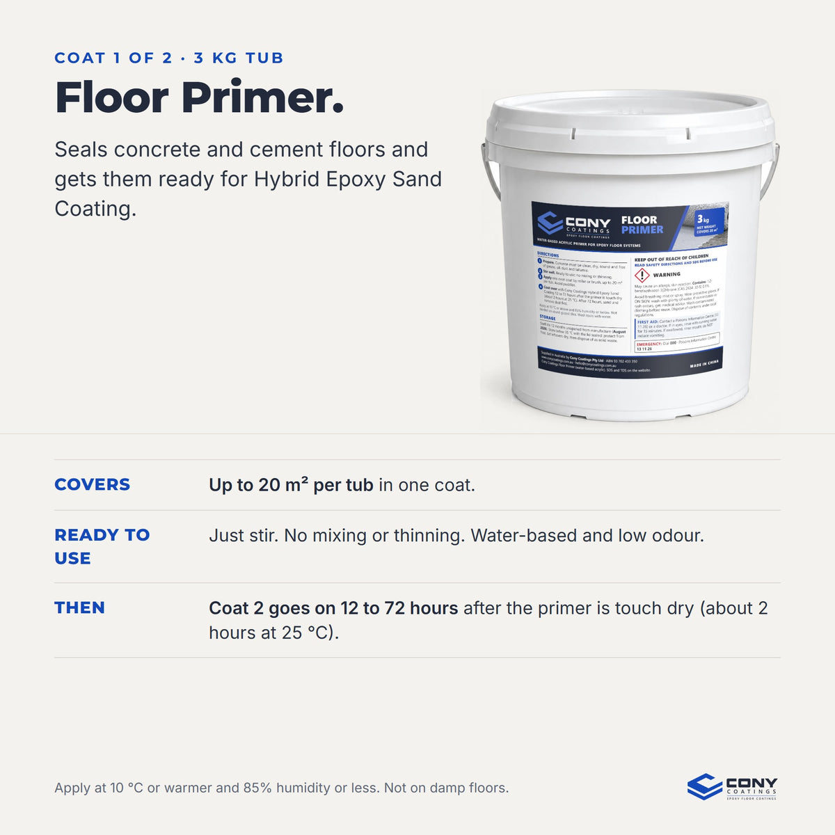 Floor Primer 3 kg, coat 1 of 2: seals concrete and cement floors, covers up to 20 m² per tub, ready to use, and coat 2 goes on 12 to 72 hours after it is touch dry