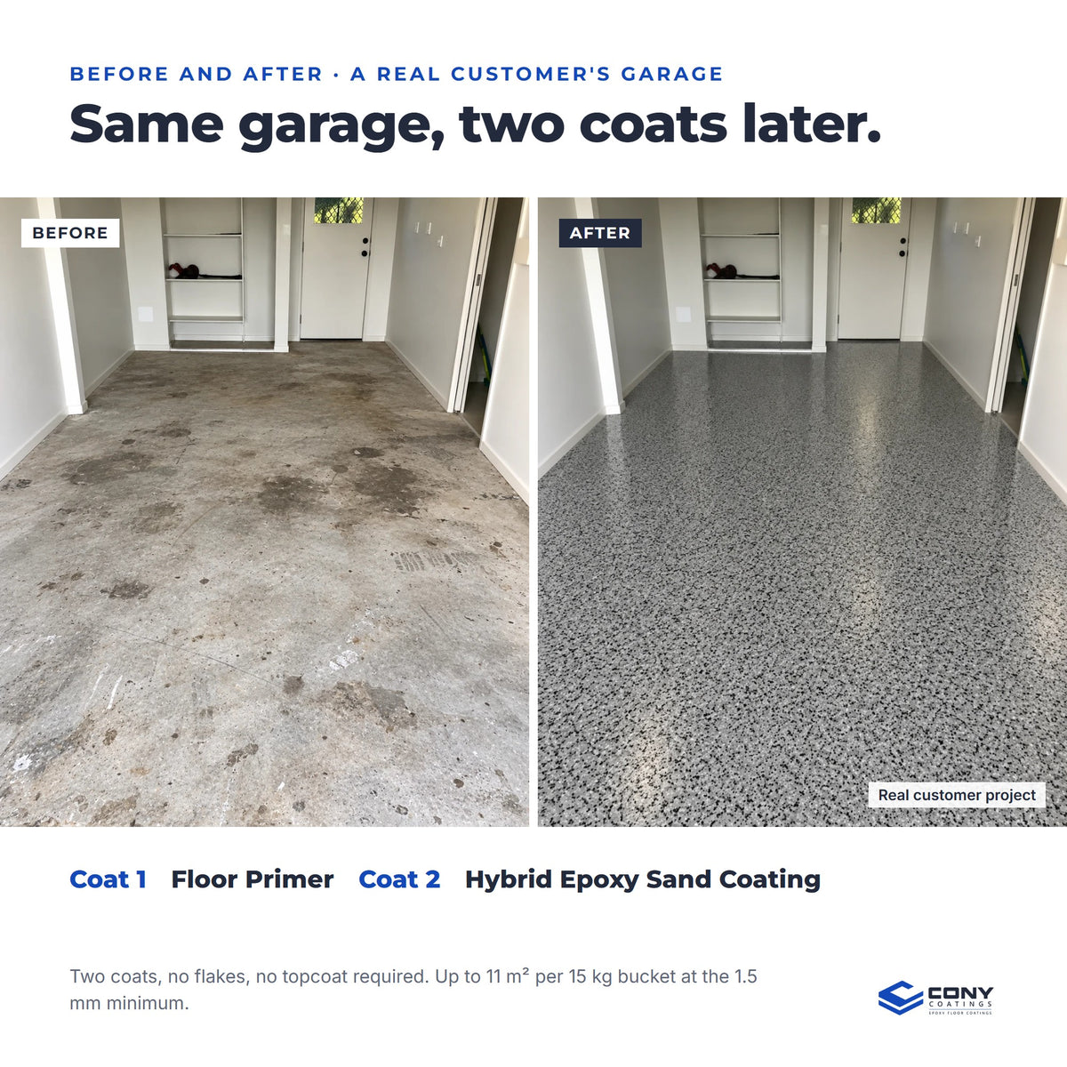 Before and after: a real customer's single garage, from stained bare concrete to a new Cony floor. Coat 1 Floor Primer, coat 2 Hybrid Epoxy Sand Coating