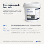 What's in the bucket: Part A, 13.34 kg coloured sand base, and Part B, 1.66 kg curing agent, pre-measured at 8:1. You'll also need Floor Primer, a drill mixer, a notched trowel, a spiked roller, spiked shoes, gloves and eye protection