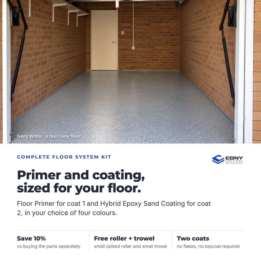 A real Cony floor in Ivory White in a brick garage. Complete Floor System kit: Floor Primer for coat 1 and Hybrid Epoxy Sand Coating for coat 2, 10% off the parts, a free small spiked roller and small trowel, no flakes and no topcoat required
