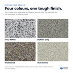 Four colours: Ivory White, Buffalo Grey, Multiblend and Melt Yellow, each with the speckle built into the coating
