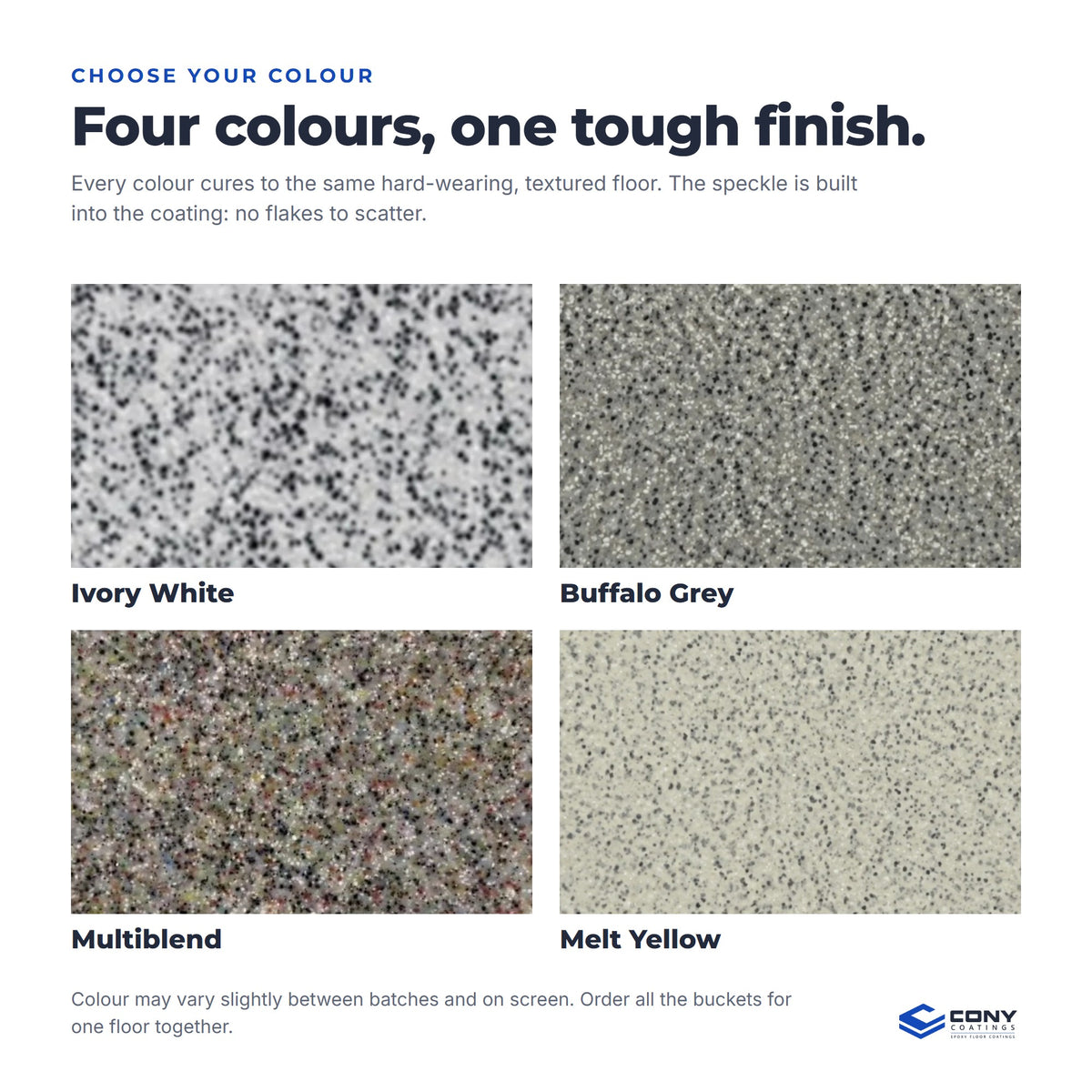 Four colours: Ivory White, Buffalo Grey, Multiblend and Melt Yellow, each with the speckle built into the coating
