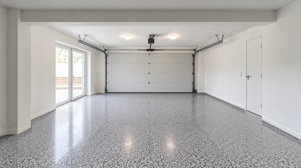 Completed Cony epoxy floor in a garage with sliding doors