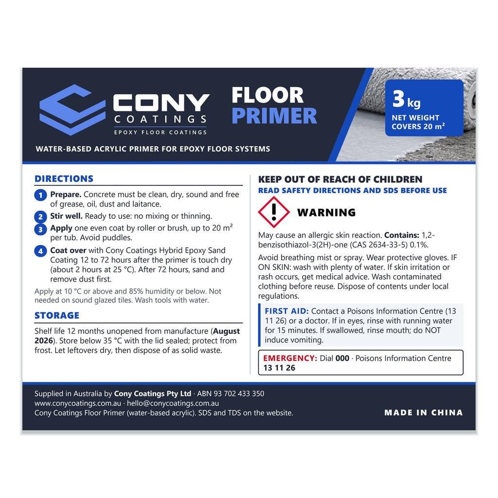 Cony Floor Primer 3 kg label with directions and safety information