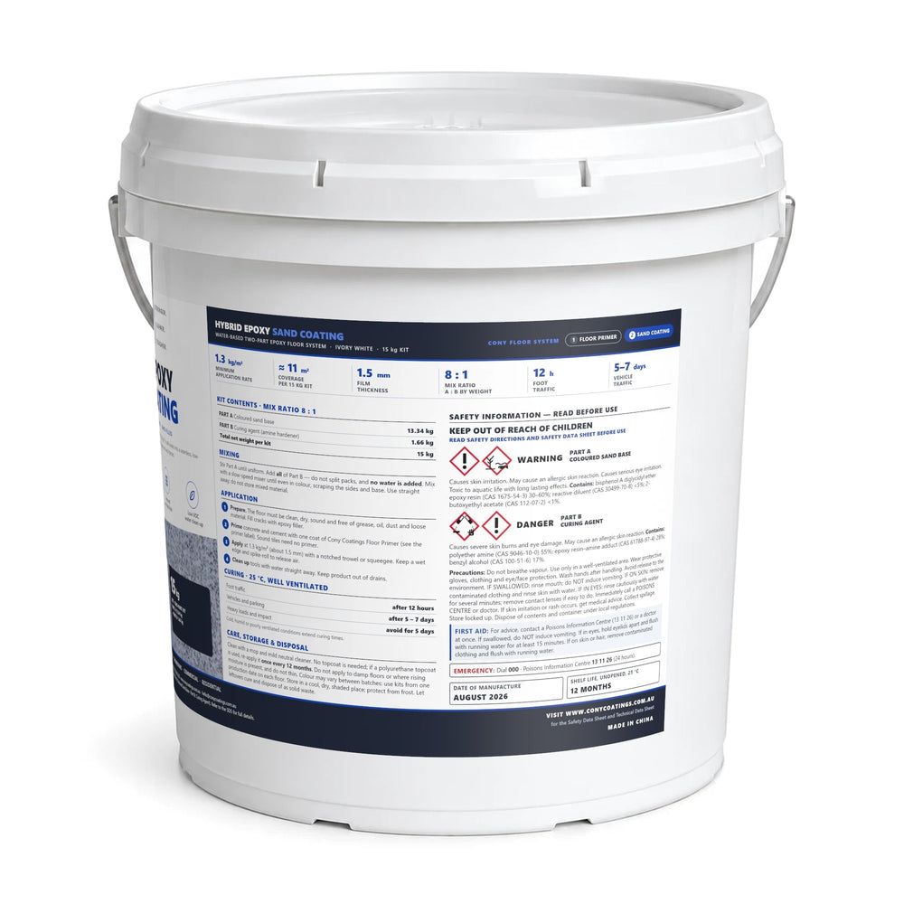 Side of the Hybrid Epoxy Sand Coating 15 kg pail in Ivory White with the directions and safety information
