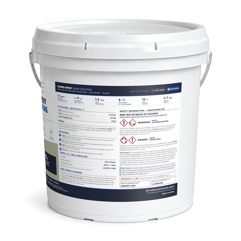 Side of the Hybrid Epoxy Sand Coating 15 kg pail in Melt Yellow with the directions and safety information