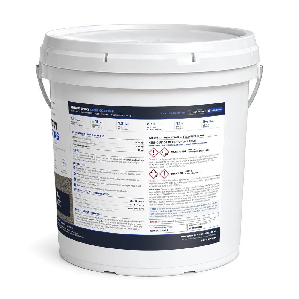 Side of the Hybrid Epoxy Sand Coating 15 kg pail in Multiblend with the directions and safety information
